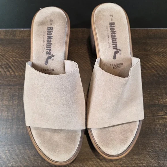 BioNatura Suede Mules Tan Leather Platform Sandals Chunky Heels Shoes sz 8 Italy - Picture 5 of 9